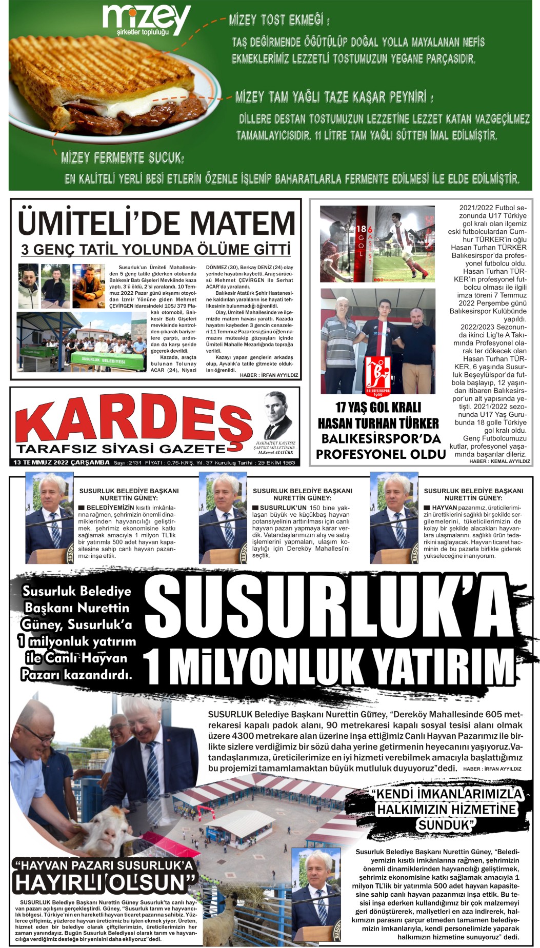13.07.2022 Tarihli Kardeş Gazetesi Sayfa 1