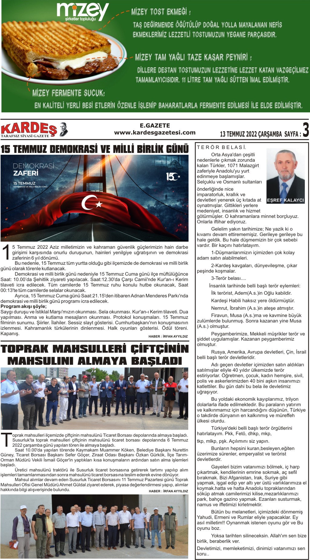 13.07.2022 Tarihli Kardeş Gazetesi Sayfa 3