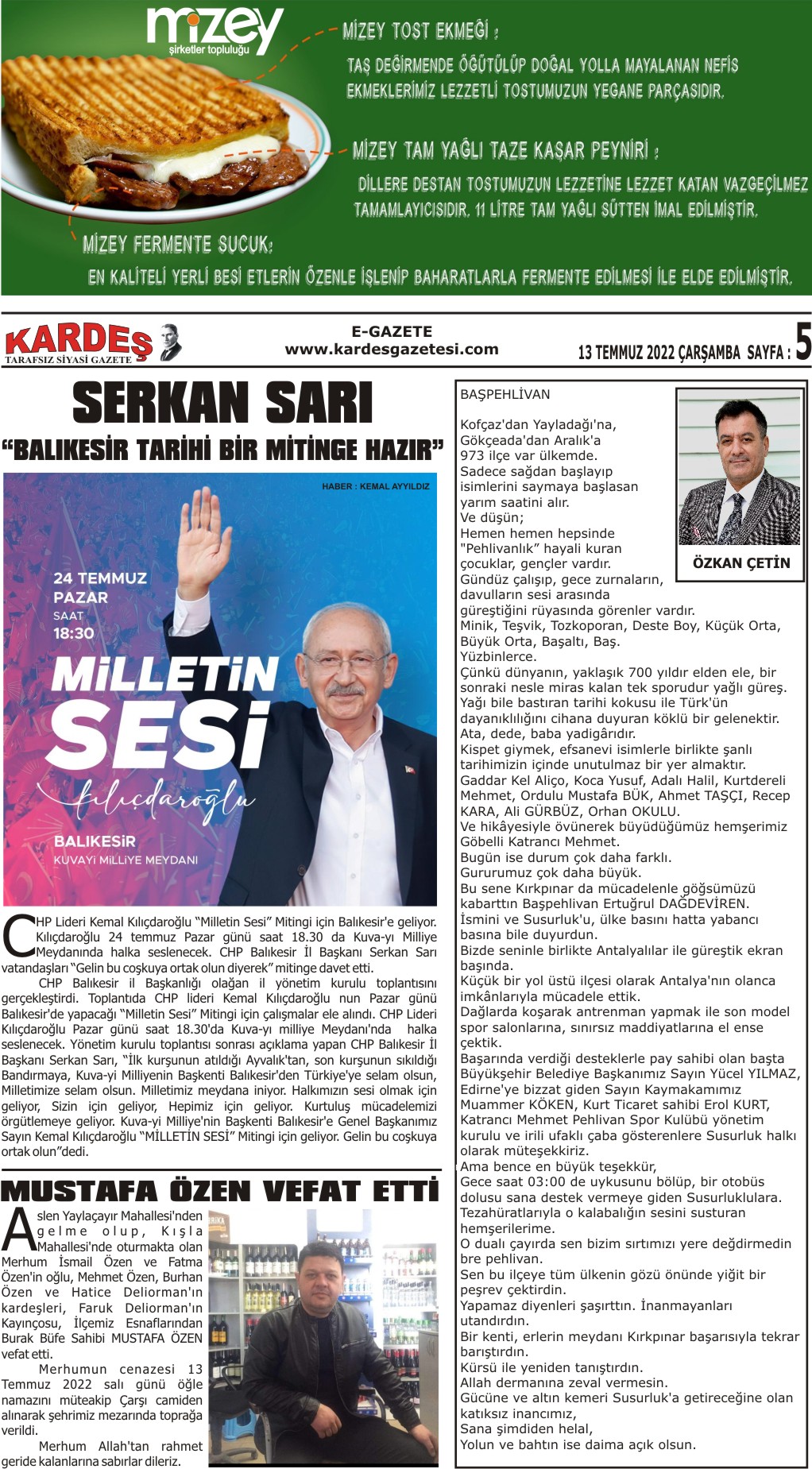 13.07.2022 Tarihli Kardeş Gazetesi Sayfa 5