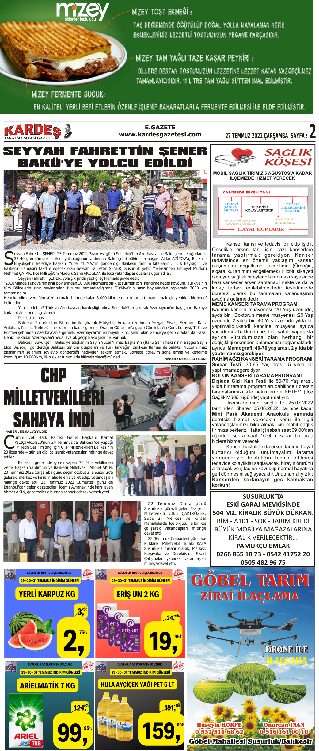 27.07.2022 Tarihli Kardeş Gazetesi Sayfa 2