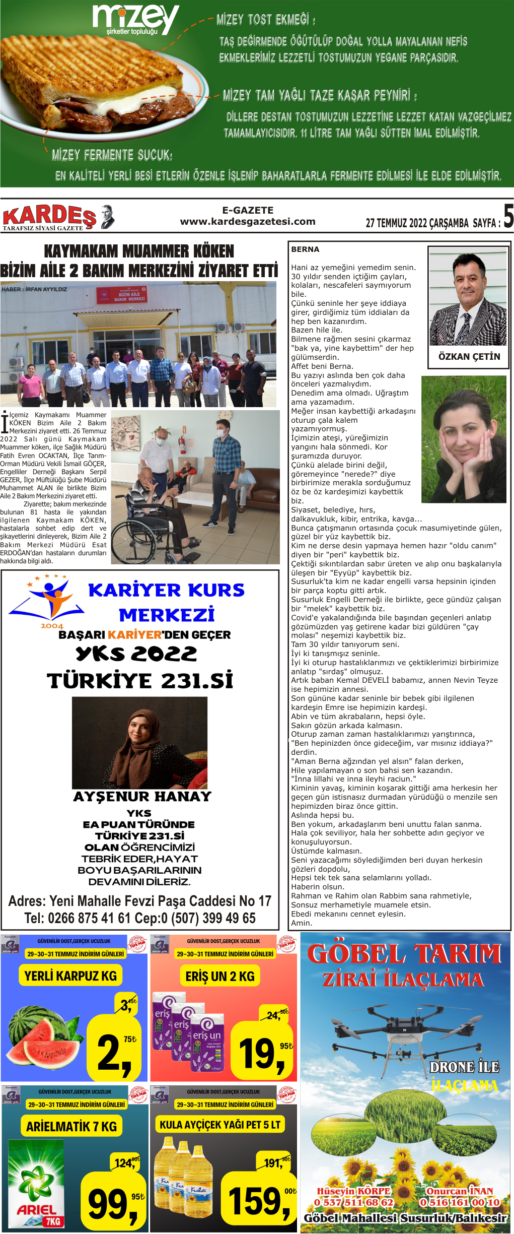 27.07.2022 Tarihli Kardeş Gazetesi Sayfa 5