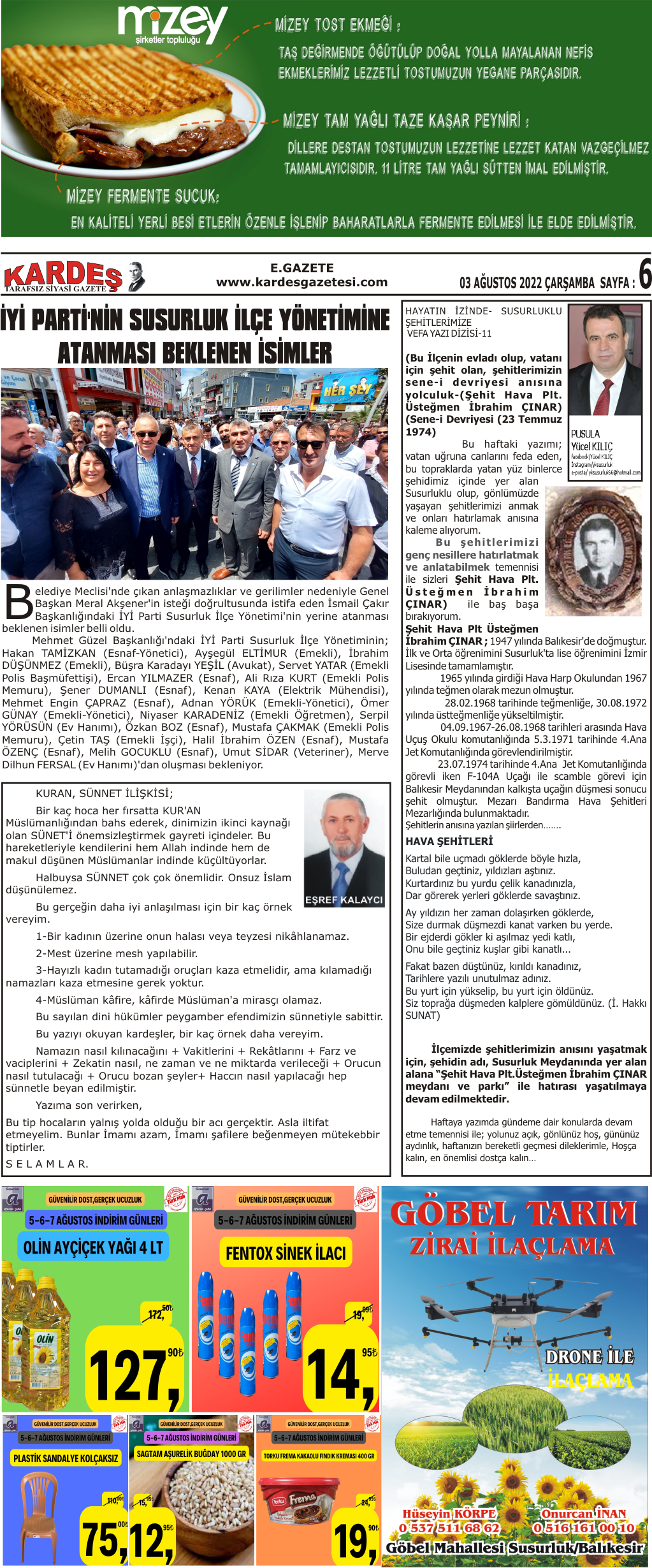 3.08.2022 Tarihli Kardeş Gazetesi Sayfa 6