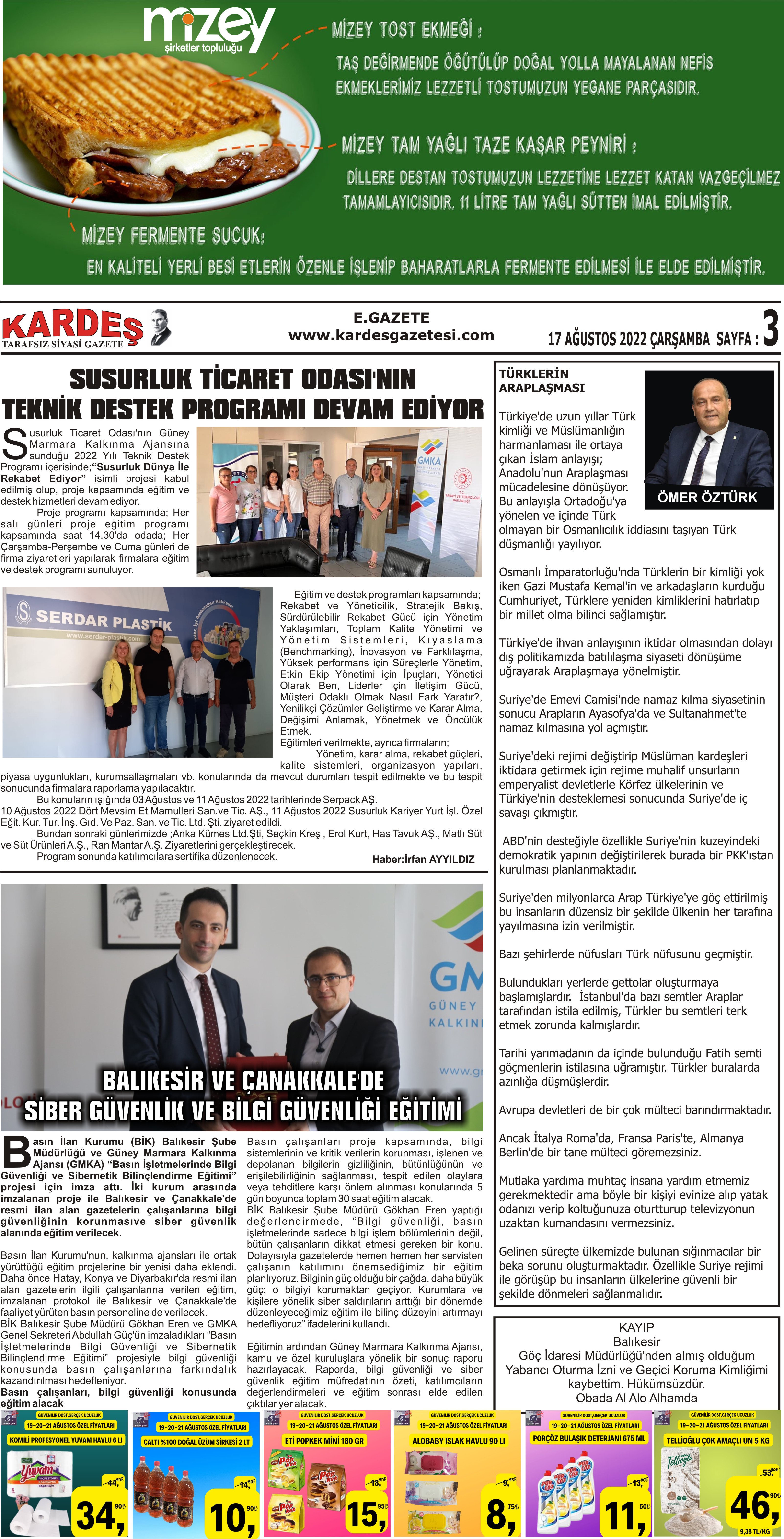 17.08.2022 Tarihli Kardeş Gazetesi Sayfa 3