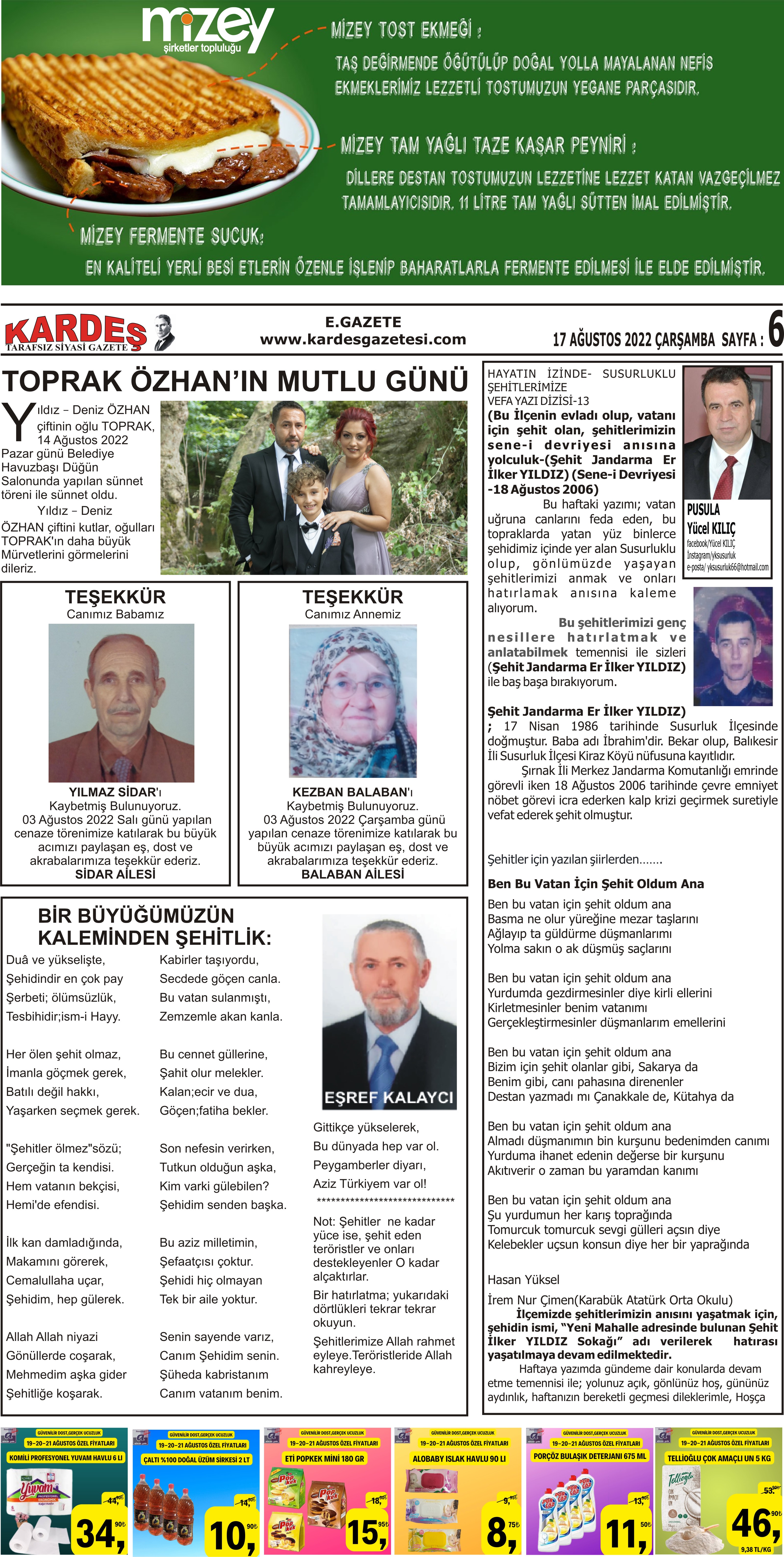 17.08.2022 Tarihli Kardeş Gazetesi Sayfa 6
