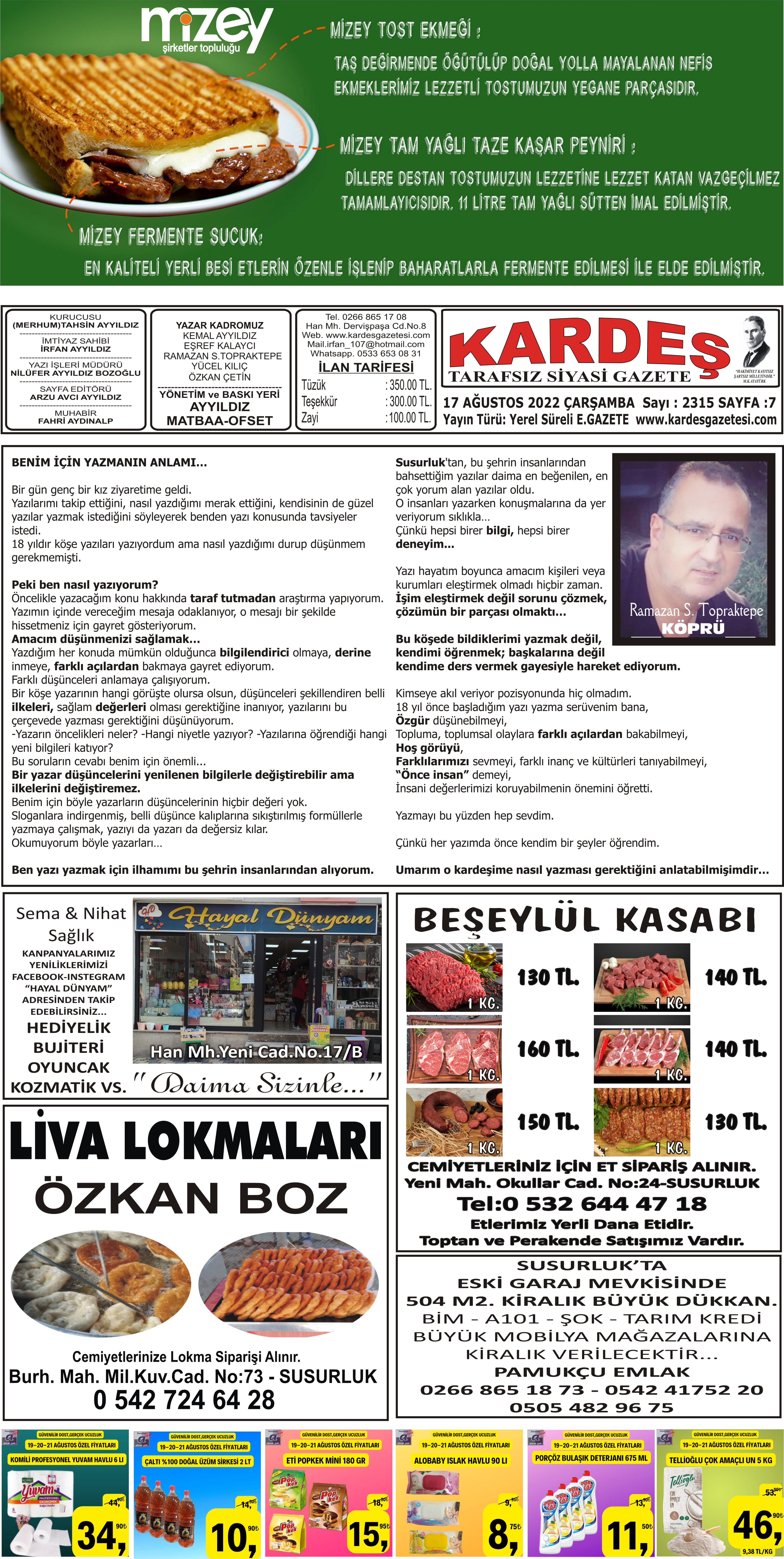 17.08.2022 Tarihli Kardeş Gazetesi Sayfa 7