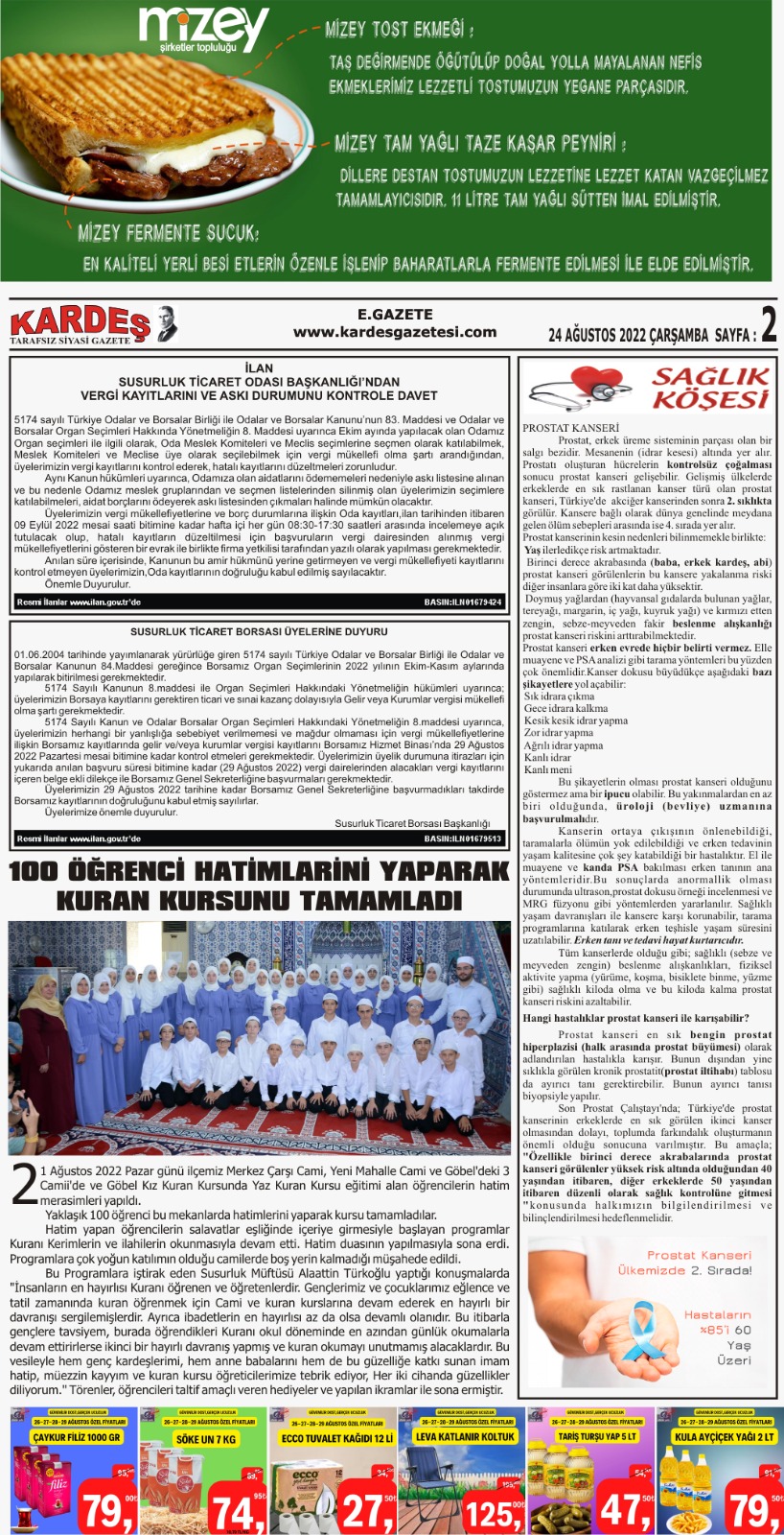 24.08.2022 Tarihli Kardeş Gazetesi Sayfa 2