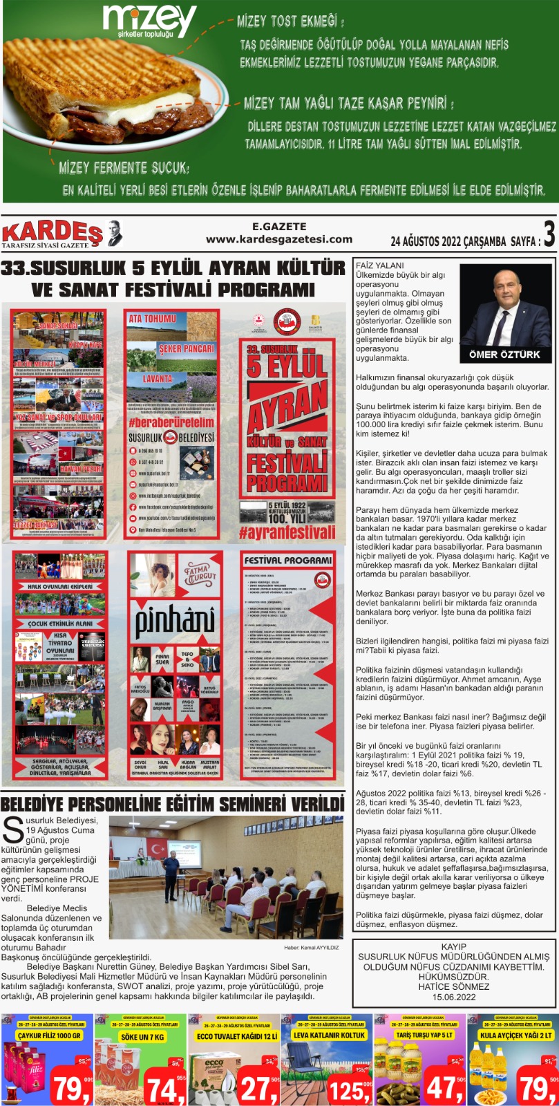 24.08.2022 Tarihli Kardeş Gazetesi Sayfa 3
