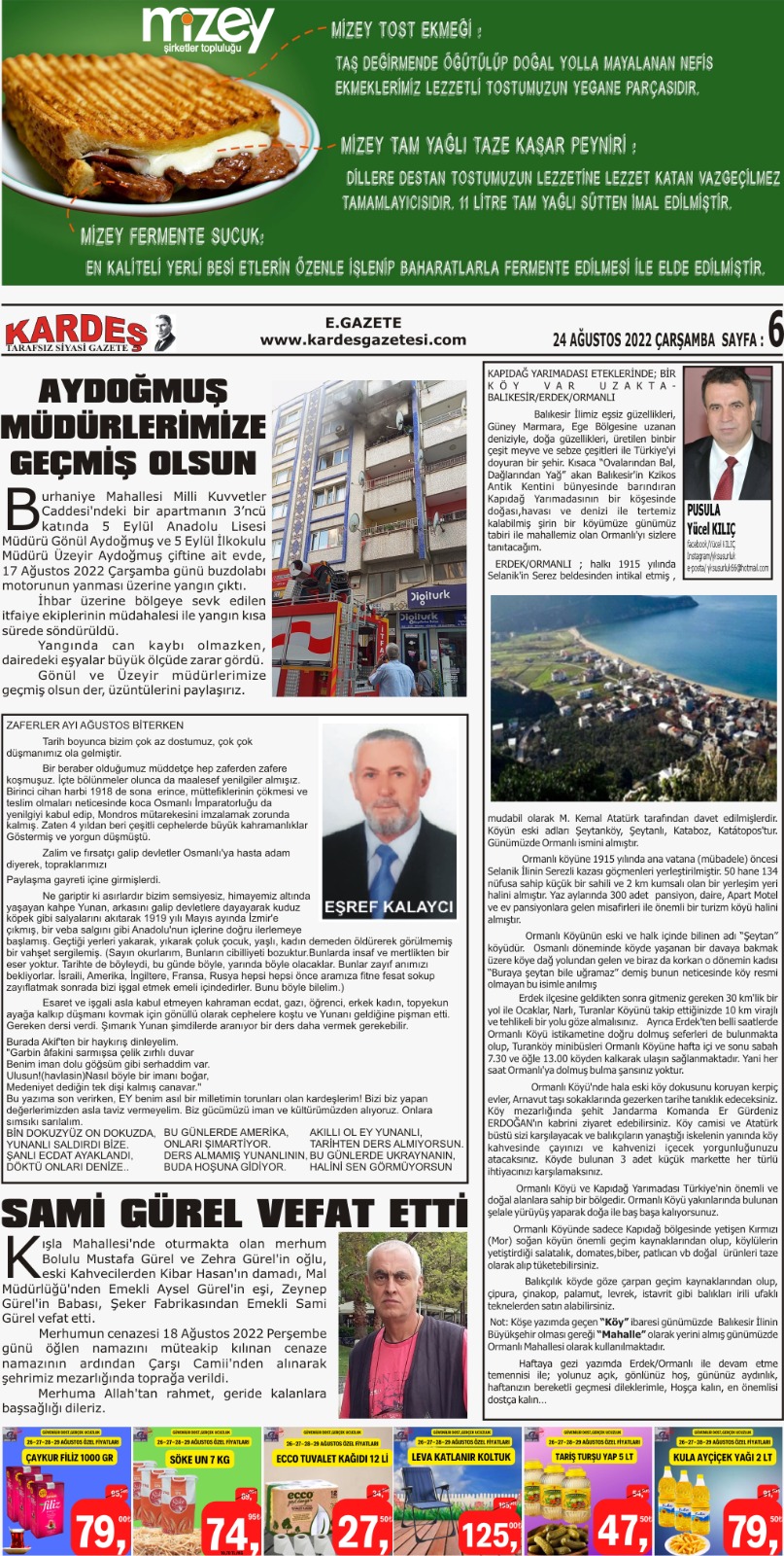 24.08.2022 Tarihli Kardeş Gazetesi Sayfa 6