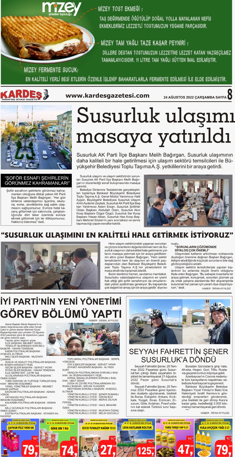 24.08.2022 Tarihli Kardeş Gazetesi Sayfa 8