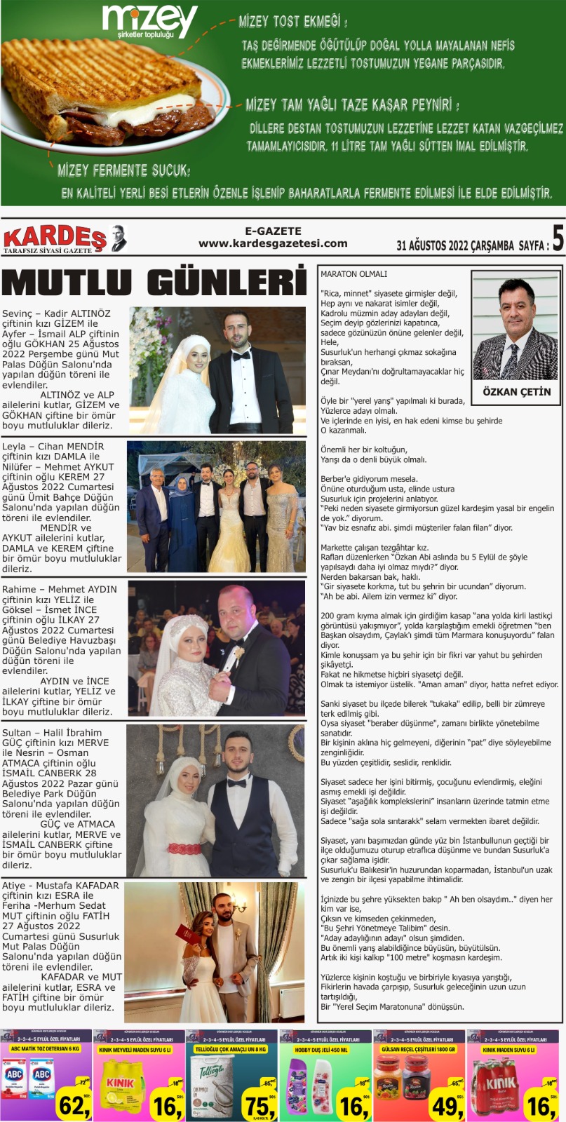 31.08.2022 Tarihli Kardeş Gazetesi Sayfa 5