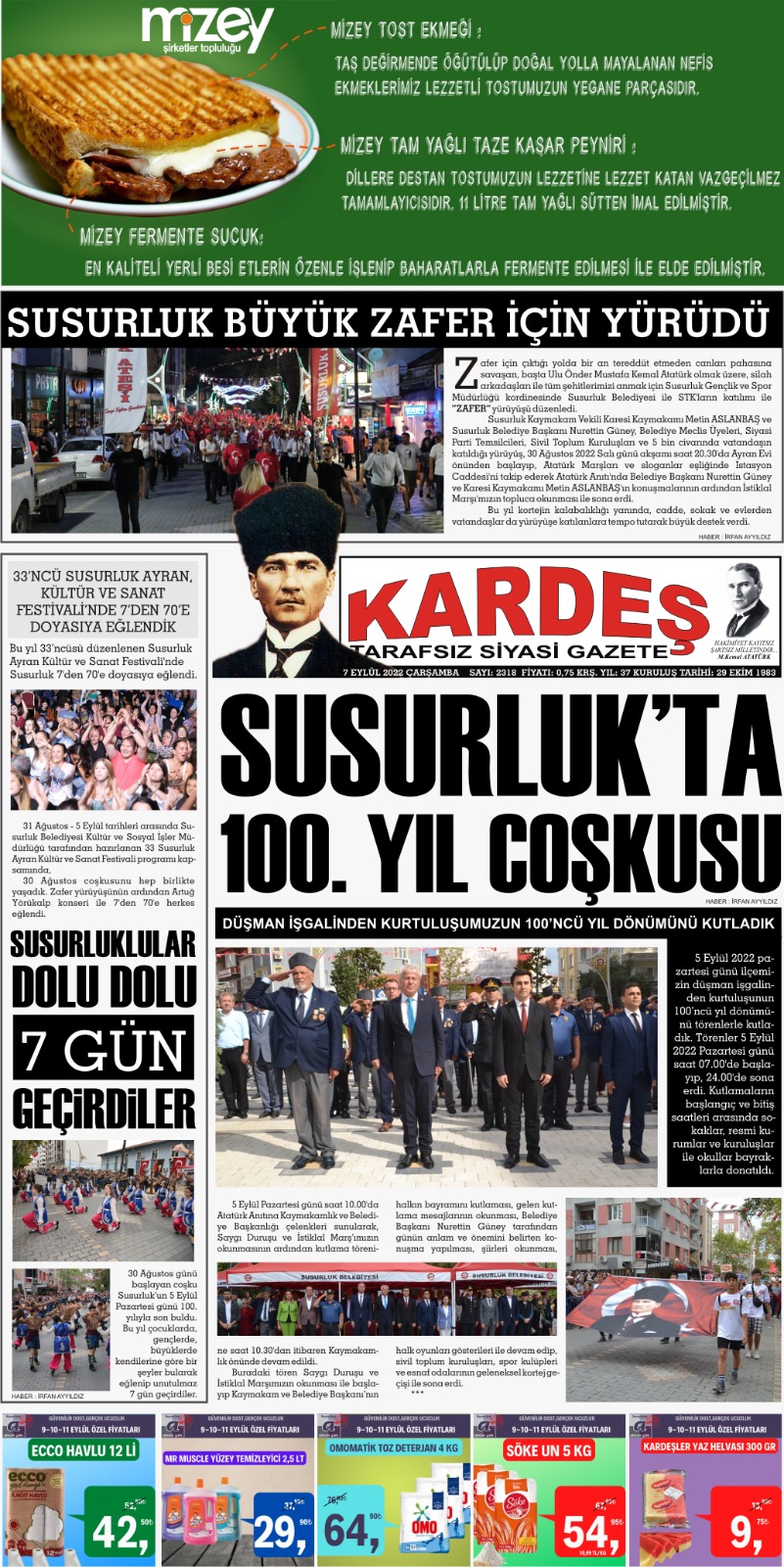 7.09.2022 Tarihli Kardeş Gazetesi Sayfa 1