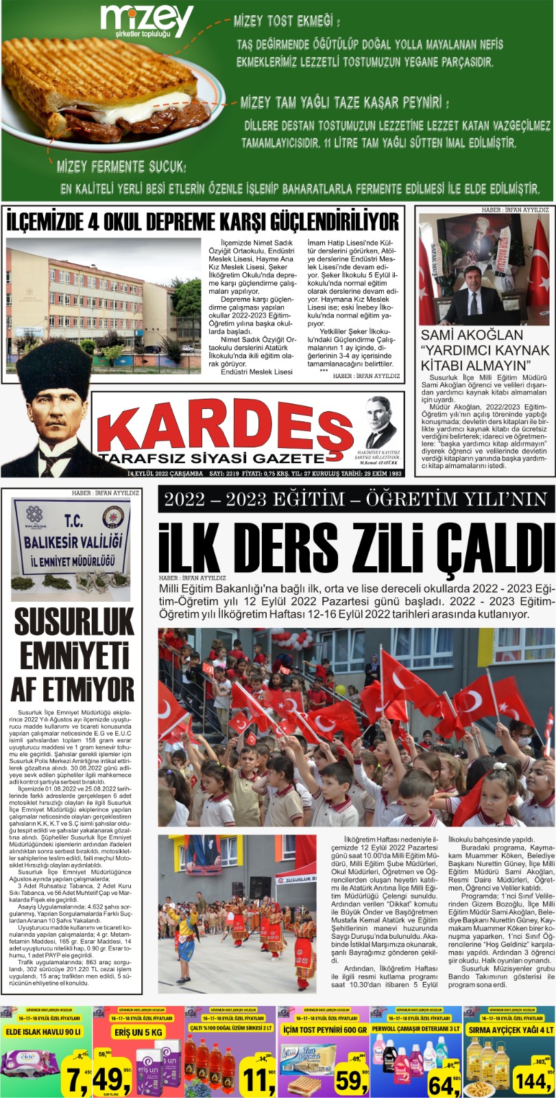 14.09.2022 Tarihli Kardeş Gazetesi