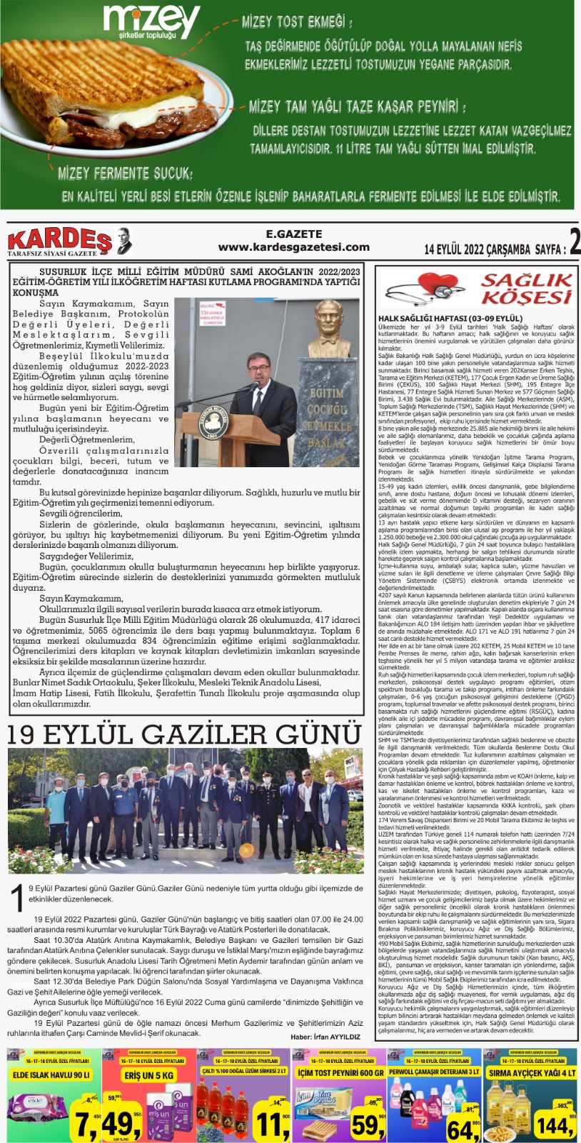 14.09.2022 Tarihli Kardeş Gazetesi Sayfa 2
