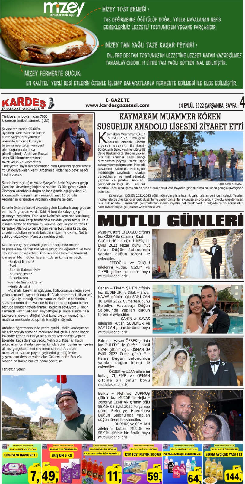 14.09.2022 Tarihli Kardeş Gazetesi Sayfa 4