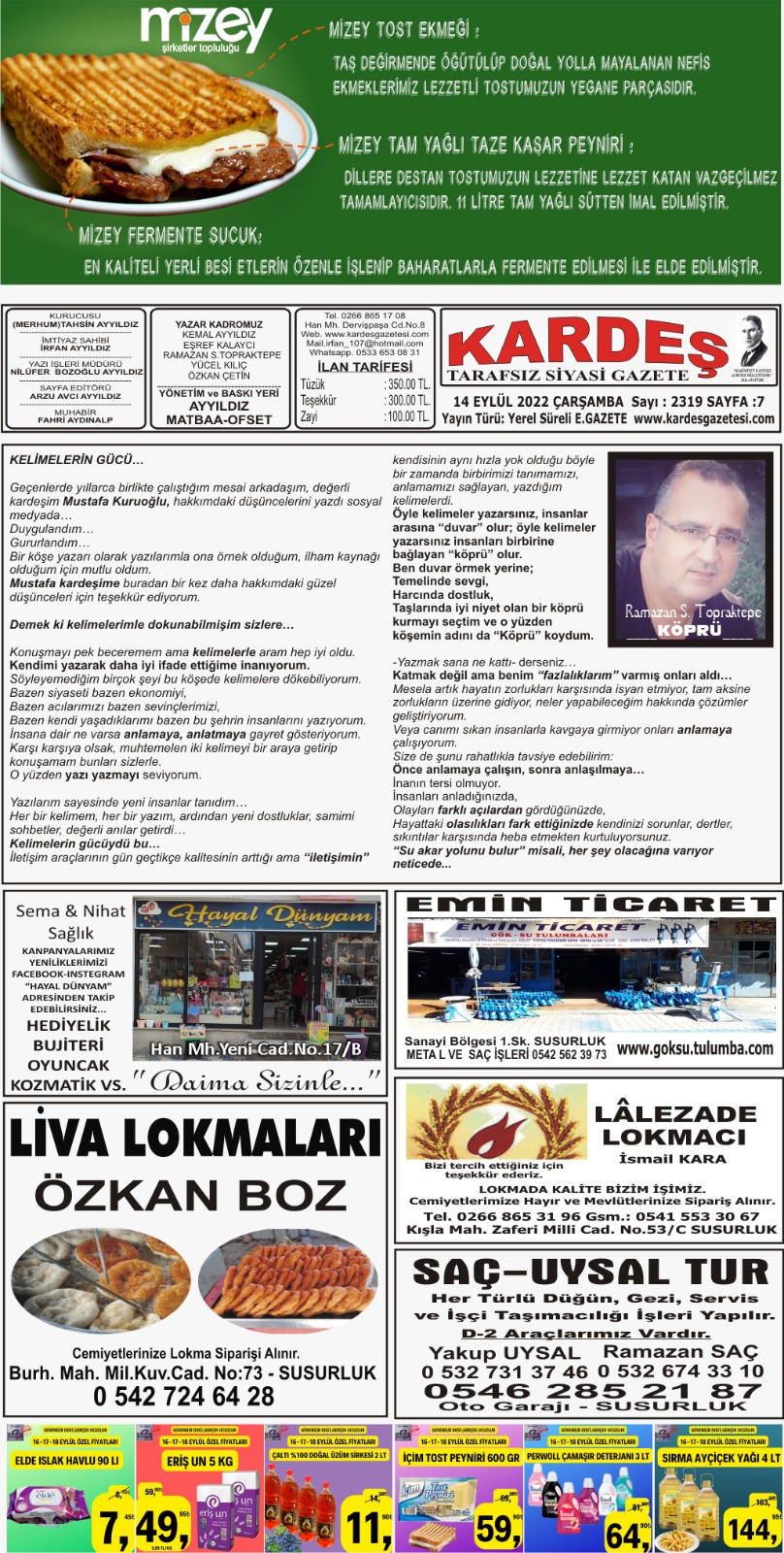 14.09.2022 Tarihli Kardeş Gazetesi Sayfa 7