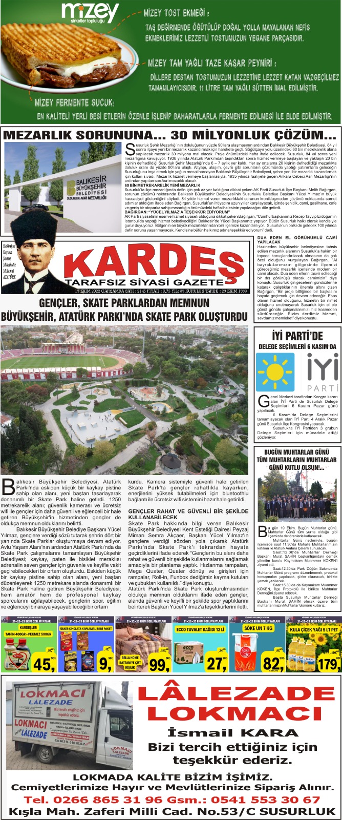 19.10.2022 Tarihli Kardeş Gazetesi