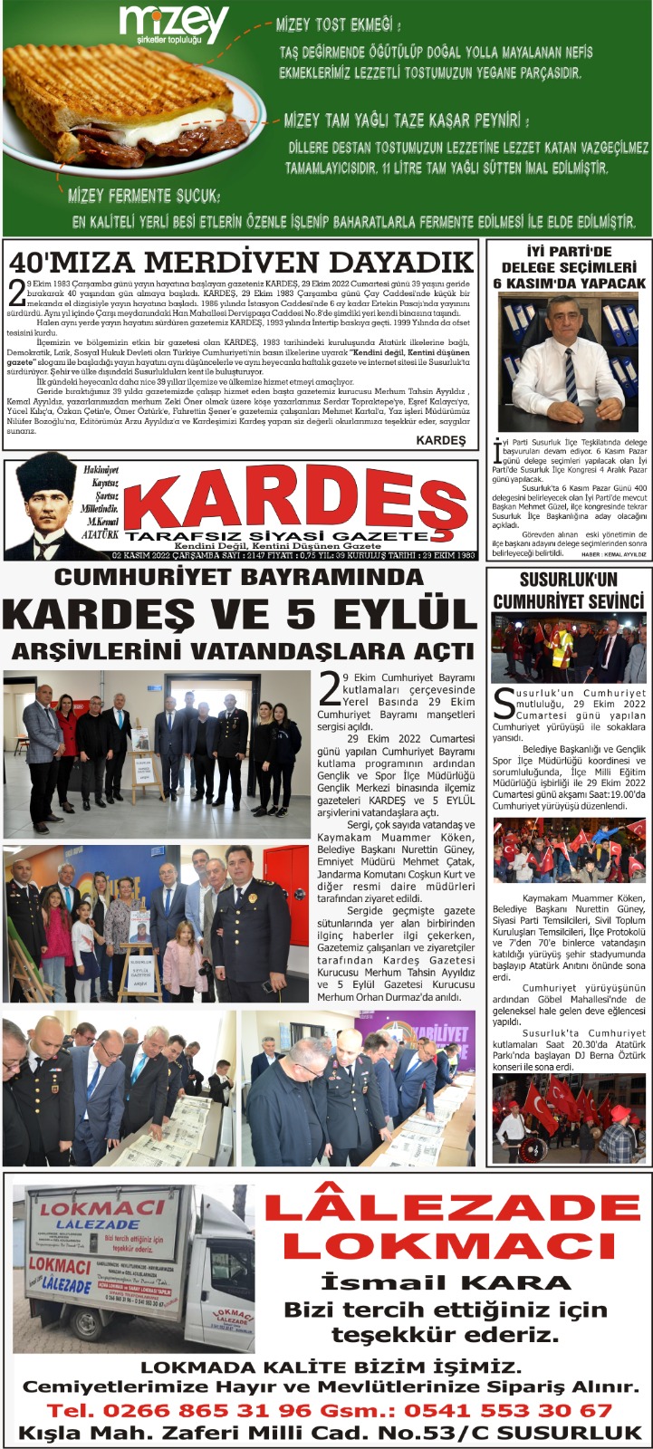 2.11.2022 Tarihli Kardeş Gazetesi