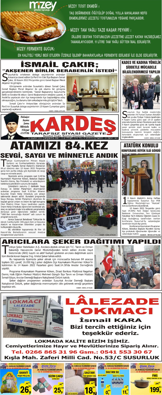 16.11.2022 Tarihli Kardeş Gazetesi